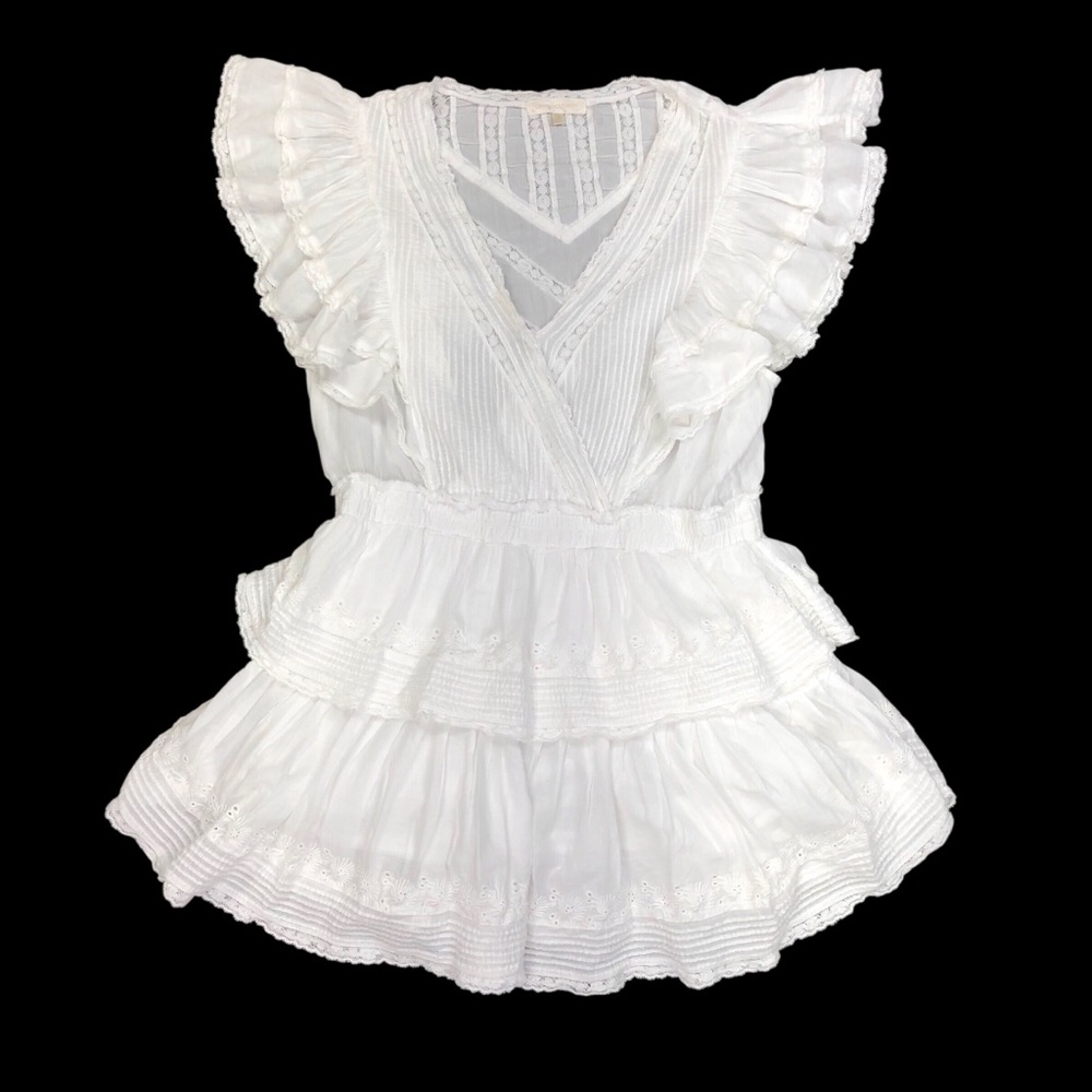 LoveShackFancy Gwen Mini Dress Size XL Ruffled Tiered Sheer Floral Embroidery